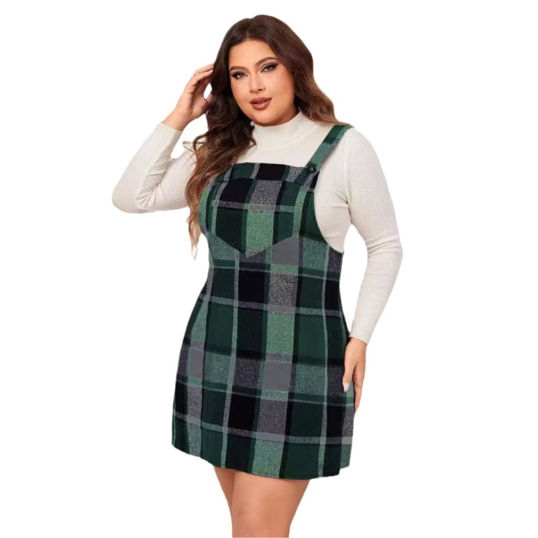 Refined V-Neck Plaid Mini Dress – Chic Oversized Style with Pockets for Autumn