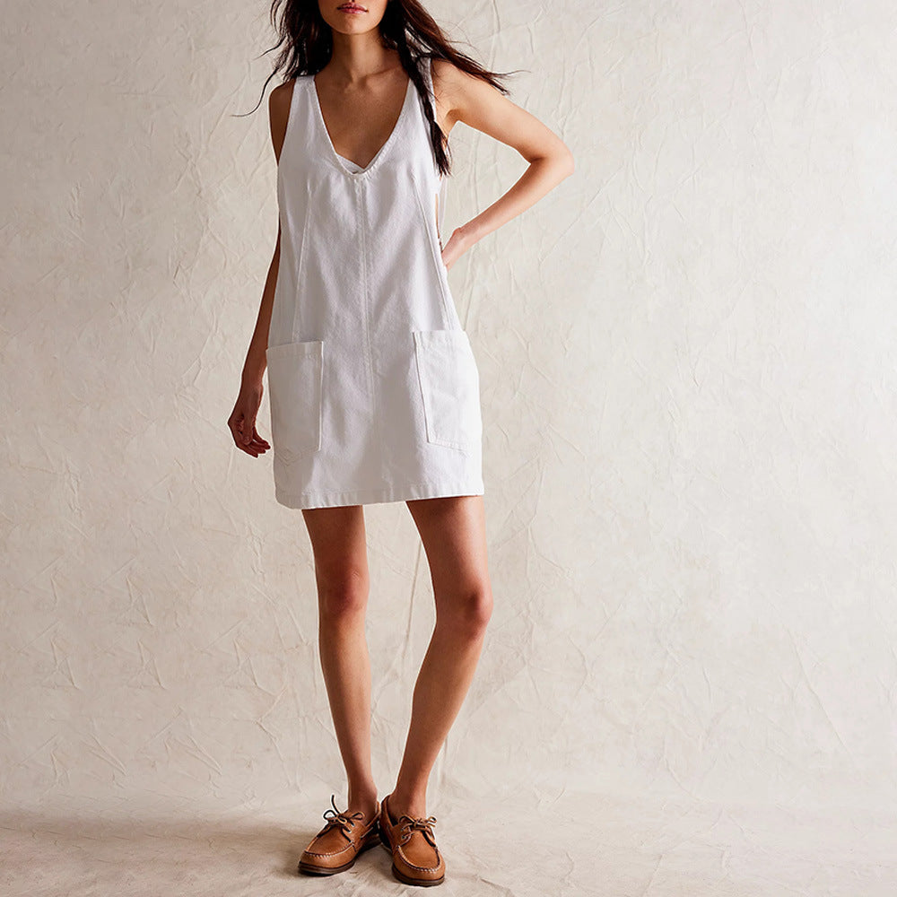 Elegant Vintage-Inspired Denim Mini Dress – Backless A-Line with Straps & Pockets