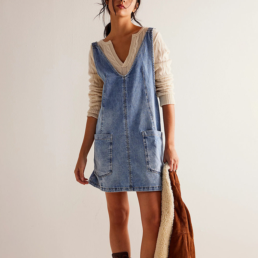 Elegant Vintage-Inspired Denim Mini Dress – Backless A-Line with Straps & Pockets