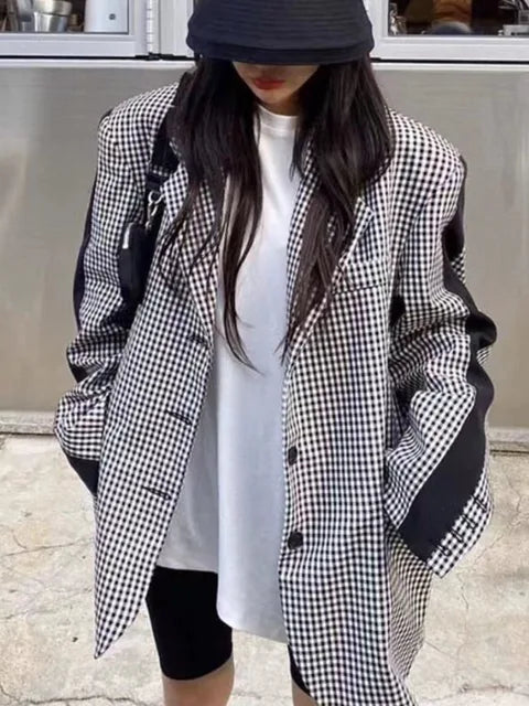 Luxury Korean Plaid Contrast Blazer – High-End Patchwork Suit Jacket for Women