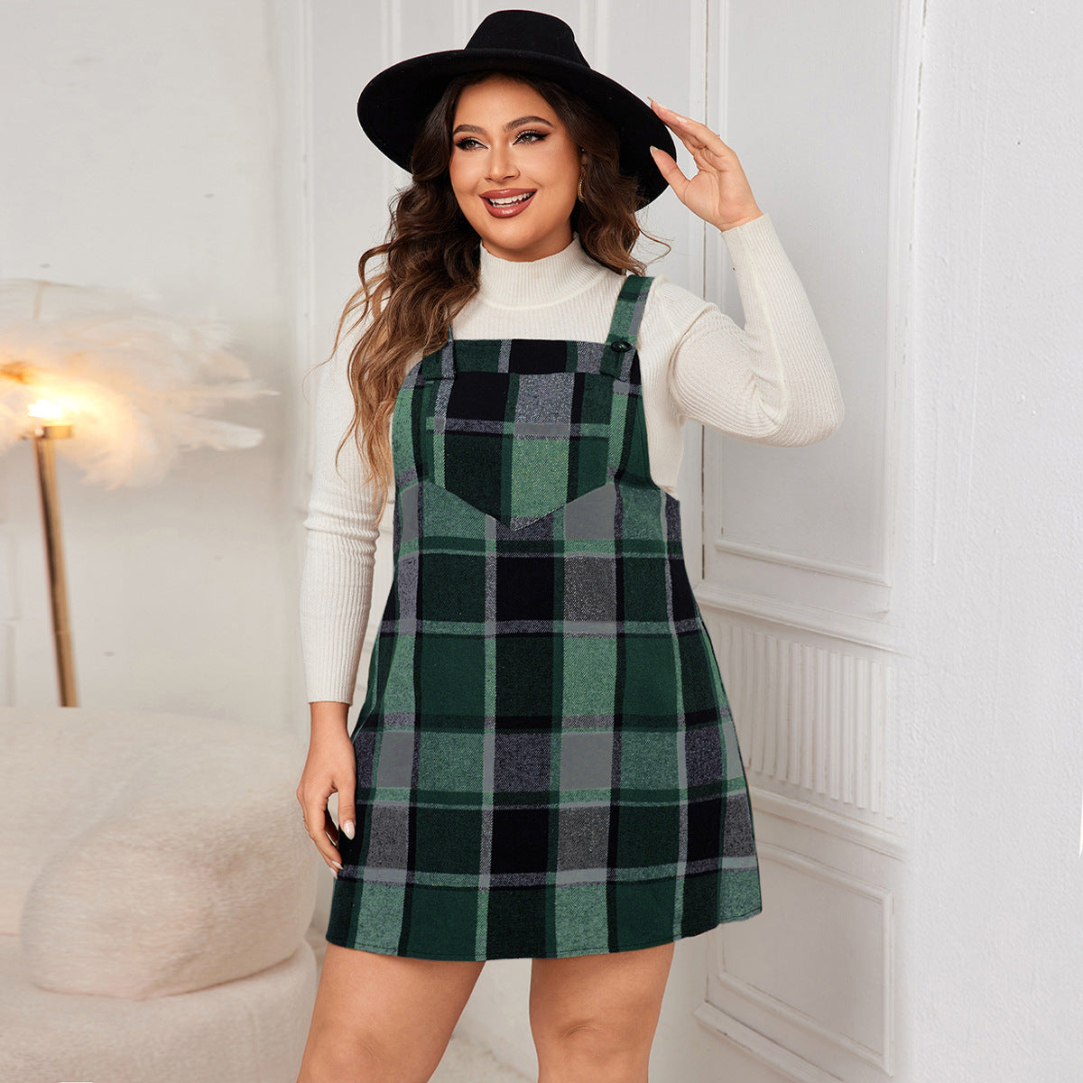 Refined V-Neck Plaid Mini Dress – Chic Oversized Style with Pockets for Autumn