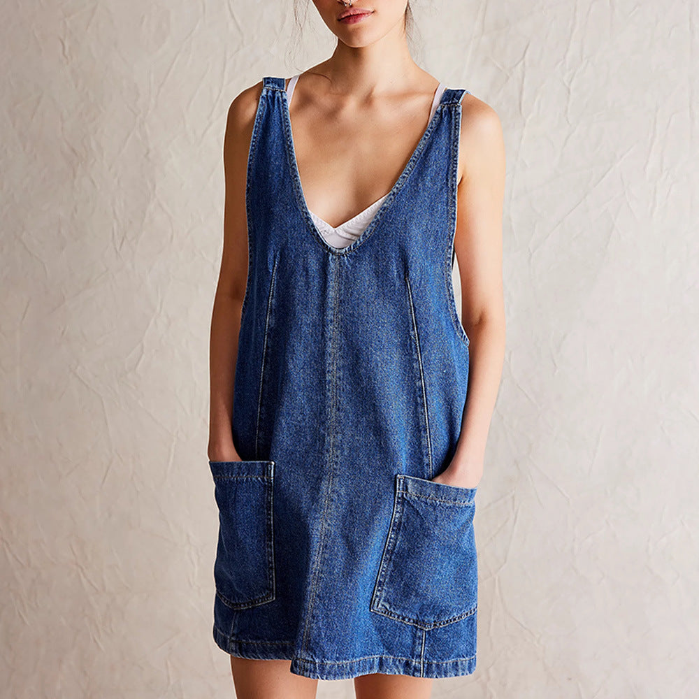 Elegant Vintage-Inspired Denim Mini Dress – Backless A-Line with Straps & Pockets