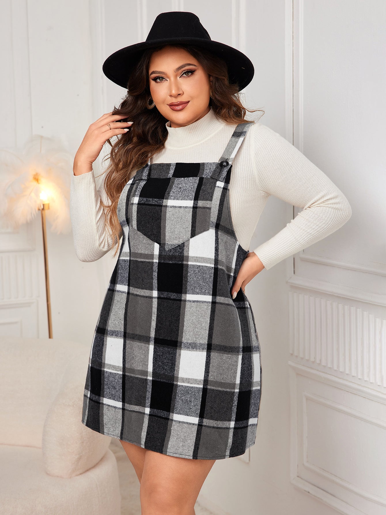 Refined V-Neck Plaid Mini Dress – Chic Oversized Style with Pockets for Autumn