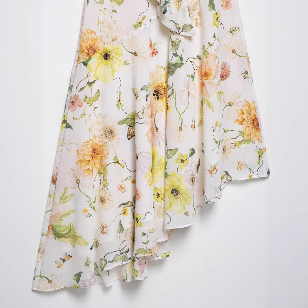 Swing neck irregular skirt print hanging neck dress for women