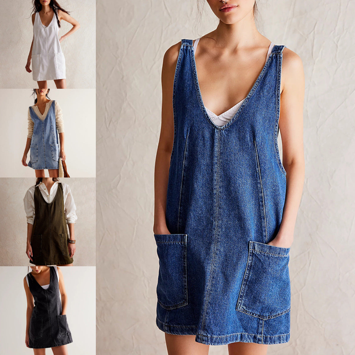 Elegant Vintage-Inspired Denim Mini Dress – Backless A-Line with Straps & Pockets