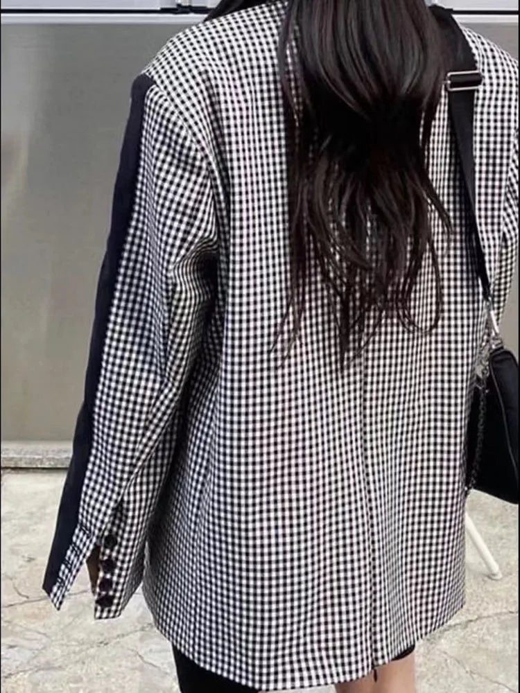 Luxury Korean Plaid Contrast Blazer – High-End Patchwork Suit Jacket for Women