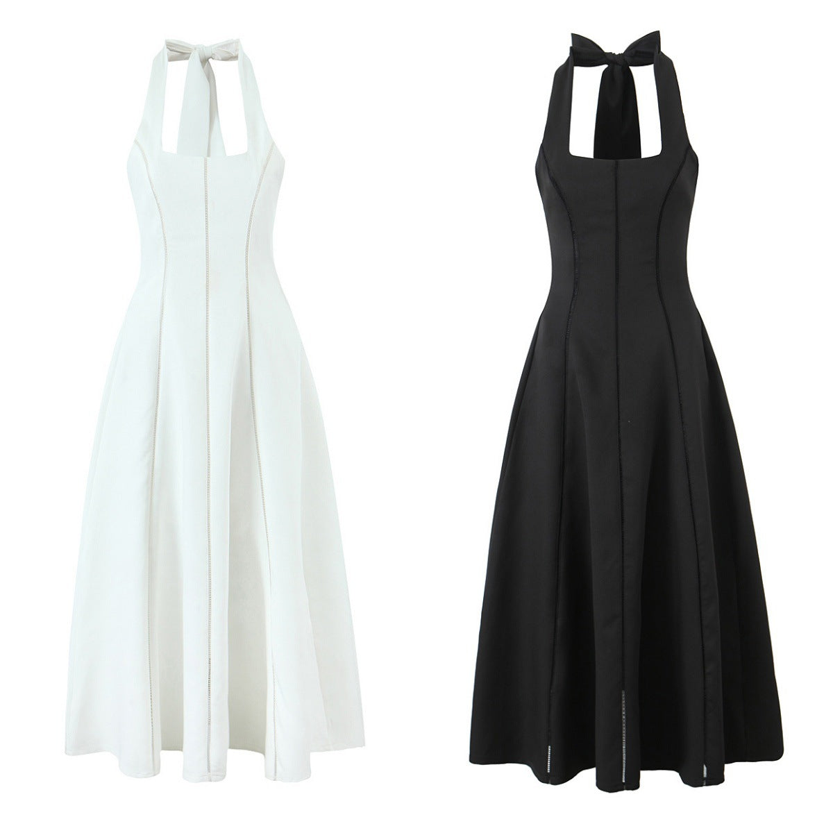 Elegant European & American Style Backless Hanging Neck Dress with Waist Cinch