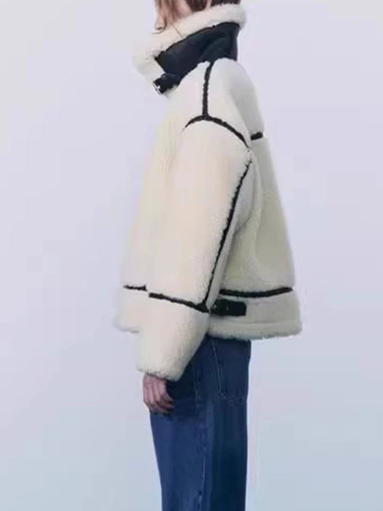 Sophisticated Contrast Patchwork Jacket – Luxe Lapel & Warm Winter Design