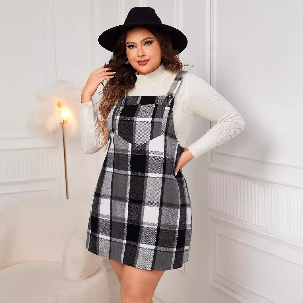 Refined V-Neck Plaid Mini Dress – Chic Oversized Style with Pockets for Autumn