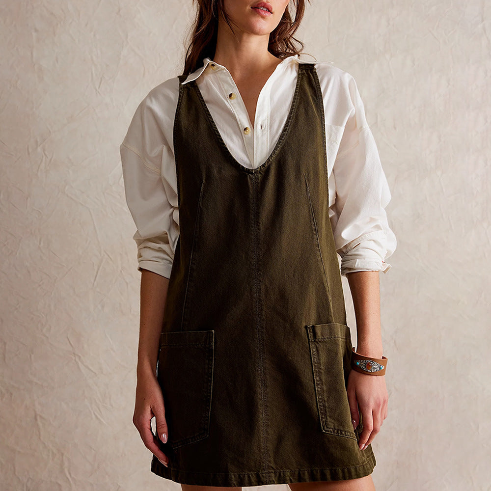 Elegant Vintage-Inspired Denim Mini Dress – Backless A-Line with Straps & Pockets